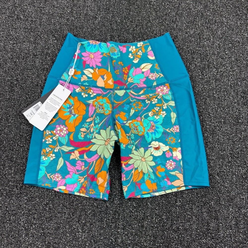 Beach Bunny BFit Brighton Biker Shorts Floral Women sz SM Teal NEW